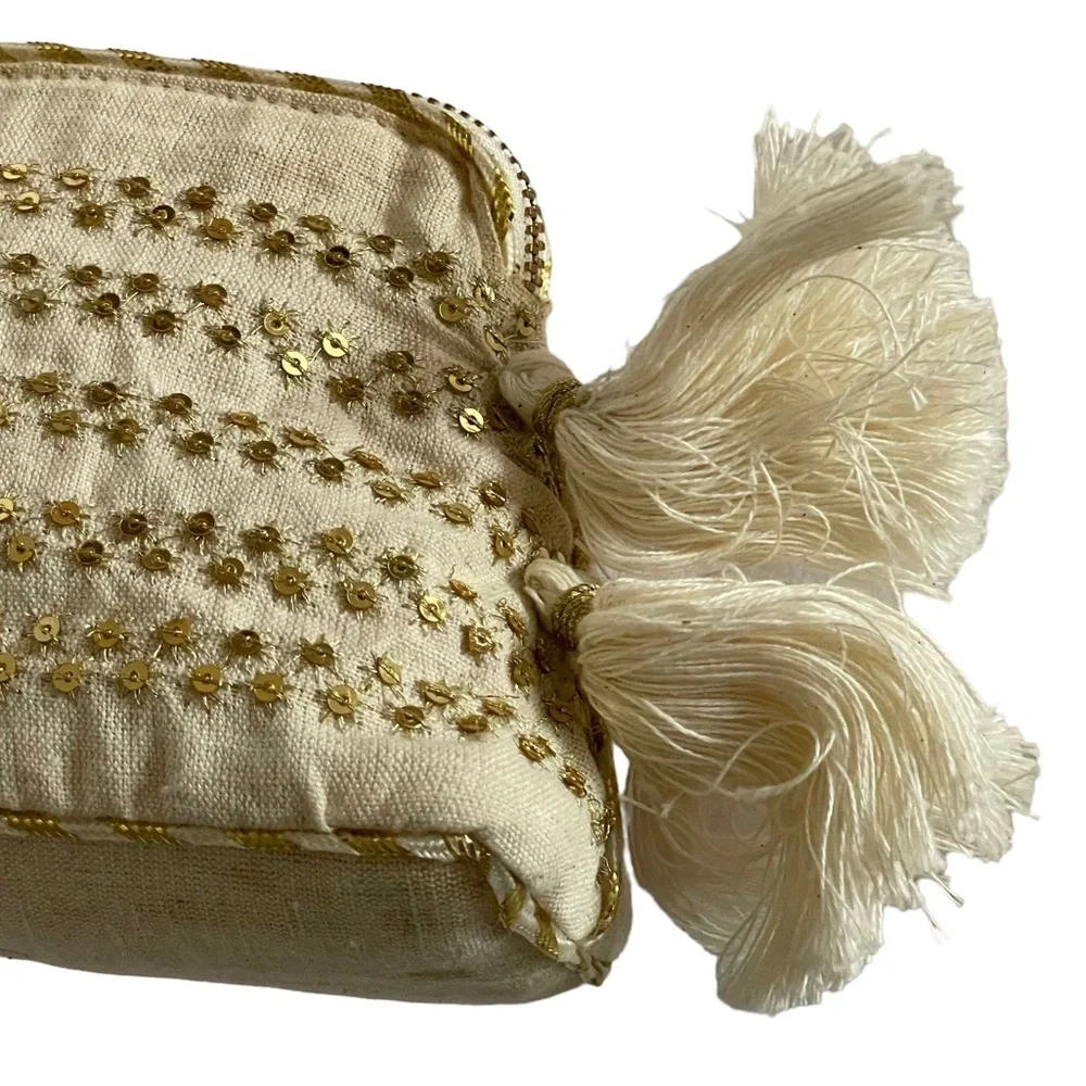 ANTHROPOLGIE Cosmetic Makeup Bag Bundle Natural Colors Tassels Sequins